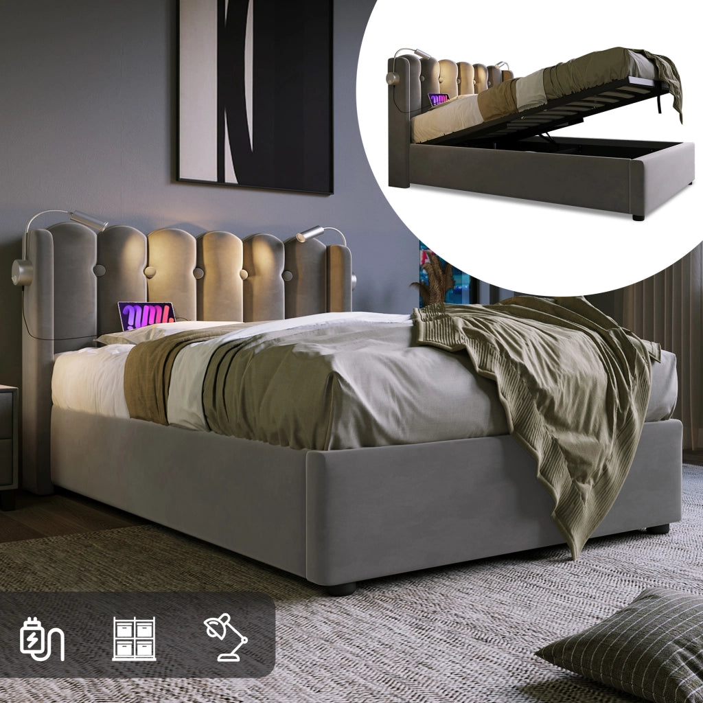 Letto singolo contenitore 90 × 200 cm in velluto grigio con luce da lettura USB rete a doghe e testiera
