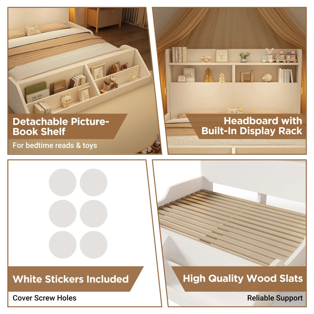Letto matrimoniale con rete a doghe 140 × 200 cm in legno bianco con luci notturne e libreria rimovibile