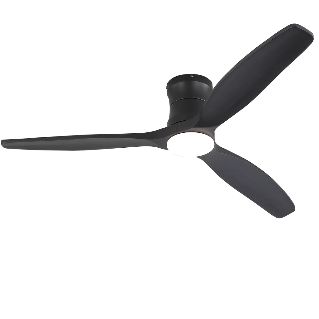 Ventilatore da soffitto a profilo basso con luce LED dimmerabile; motore DC reversibile e telecomando a 6 velocità
