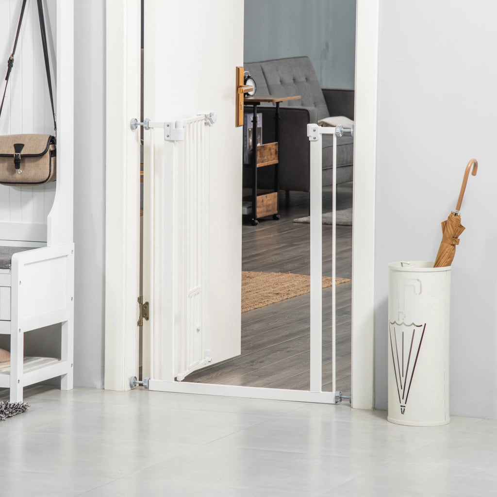 Barriera estensibile a forbice con doppio blocco, chiusura automatica e gattaiola in plastica bianca 74 × 80 cm
