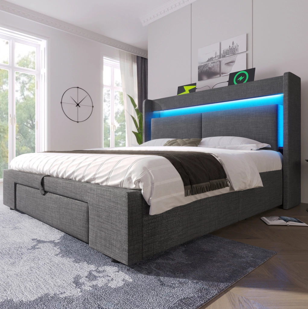 Letto contenitore ULEVR 180x200 cm con vano idraulico, LED, USB e USB-C, testiera con scomparti, grigio