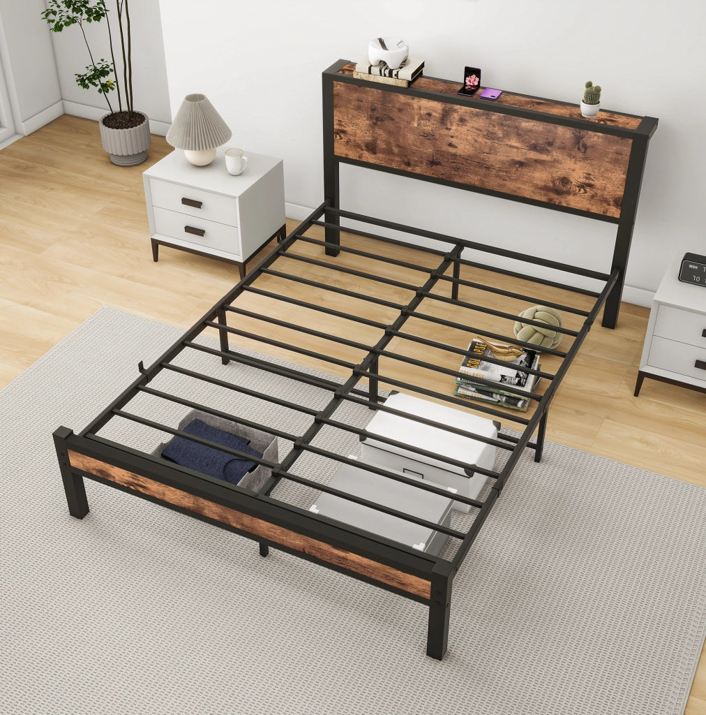 Letto singolo 140x200 cm con struttura in metallo e testiera contenitore in MDF vintage marrone