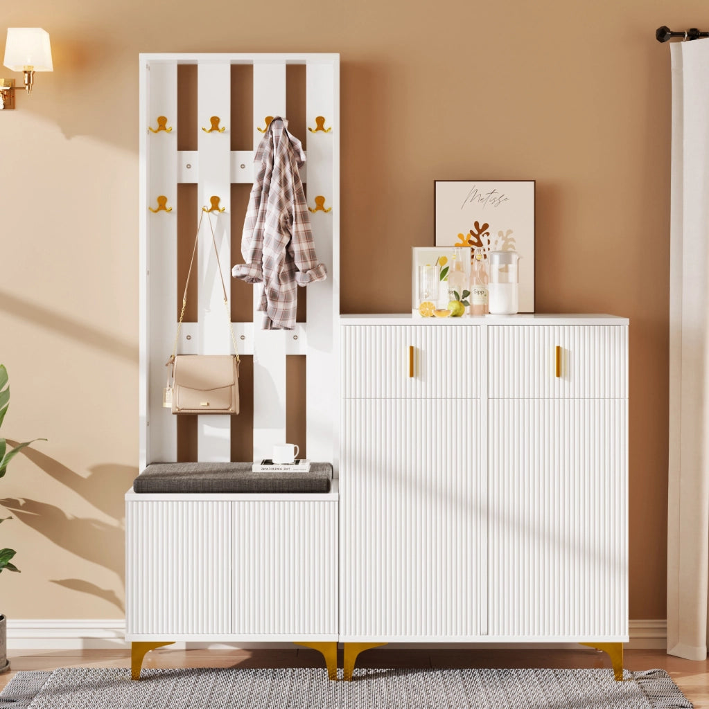 Set guardaroba bianco con scarpiera, appendiabiti e cuscino