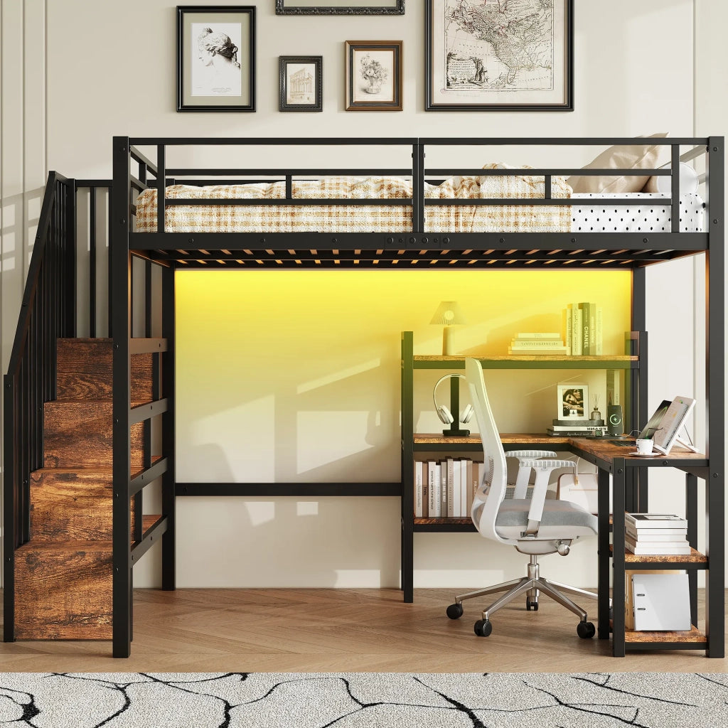 Letto a soppalco in metallo 140x200 cm con scala, scrivania integrata, vani portaoggetti, porta USB e luce LED, nero