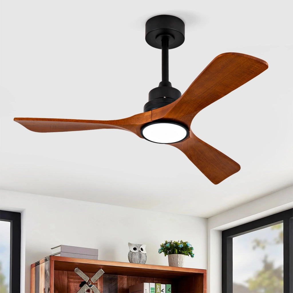 Ventilatore da soffitto 42 pollici con luce LED; 3 pale in legno noce scuro; motore DC reversibile nero 6 velocità