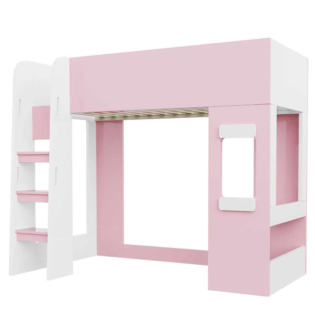 Letto a soppalco 90x200 cm con scrivania e LED in MDF e compensato rosa