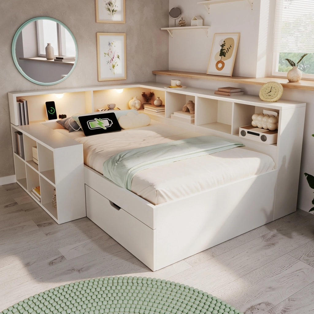 Letto singolo 90x200 cm in legno bianco con contenitore; prese USB e luci integrate