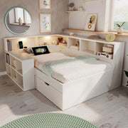 Letto singolo 90x200 cm in legno bianco con contenitore; prese USB e luci integrate