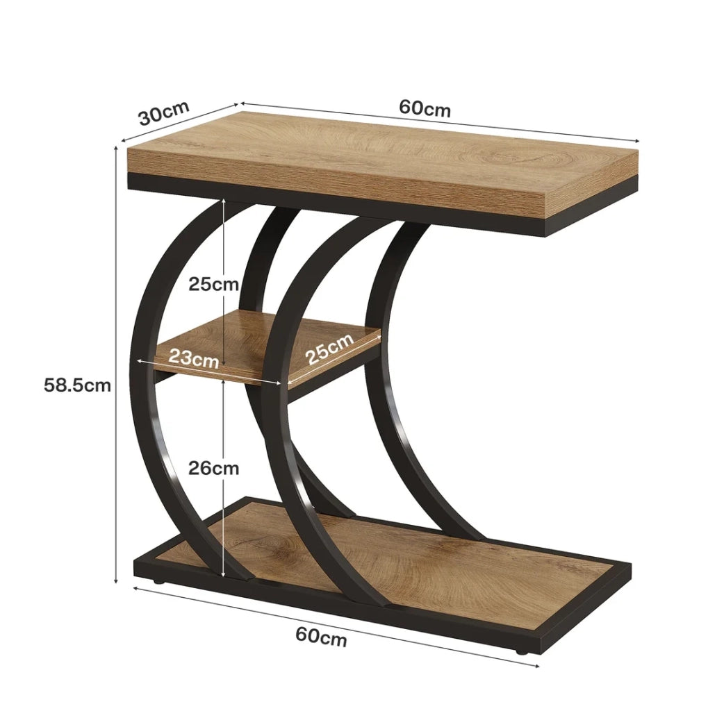 Tavolino laterale a C a 3 ripiani in metallo e legno Nero/Marrone; 60 x 30 x 58 cm