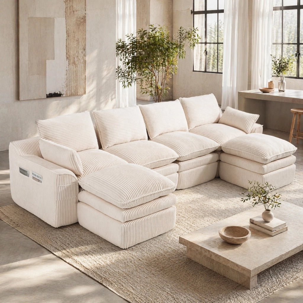 Divano modulare 335x167x85 cm in velluto a coste beige, 4 posti, salvaspazio