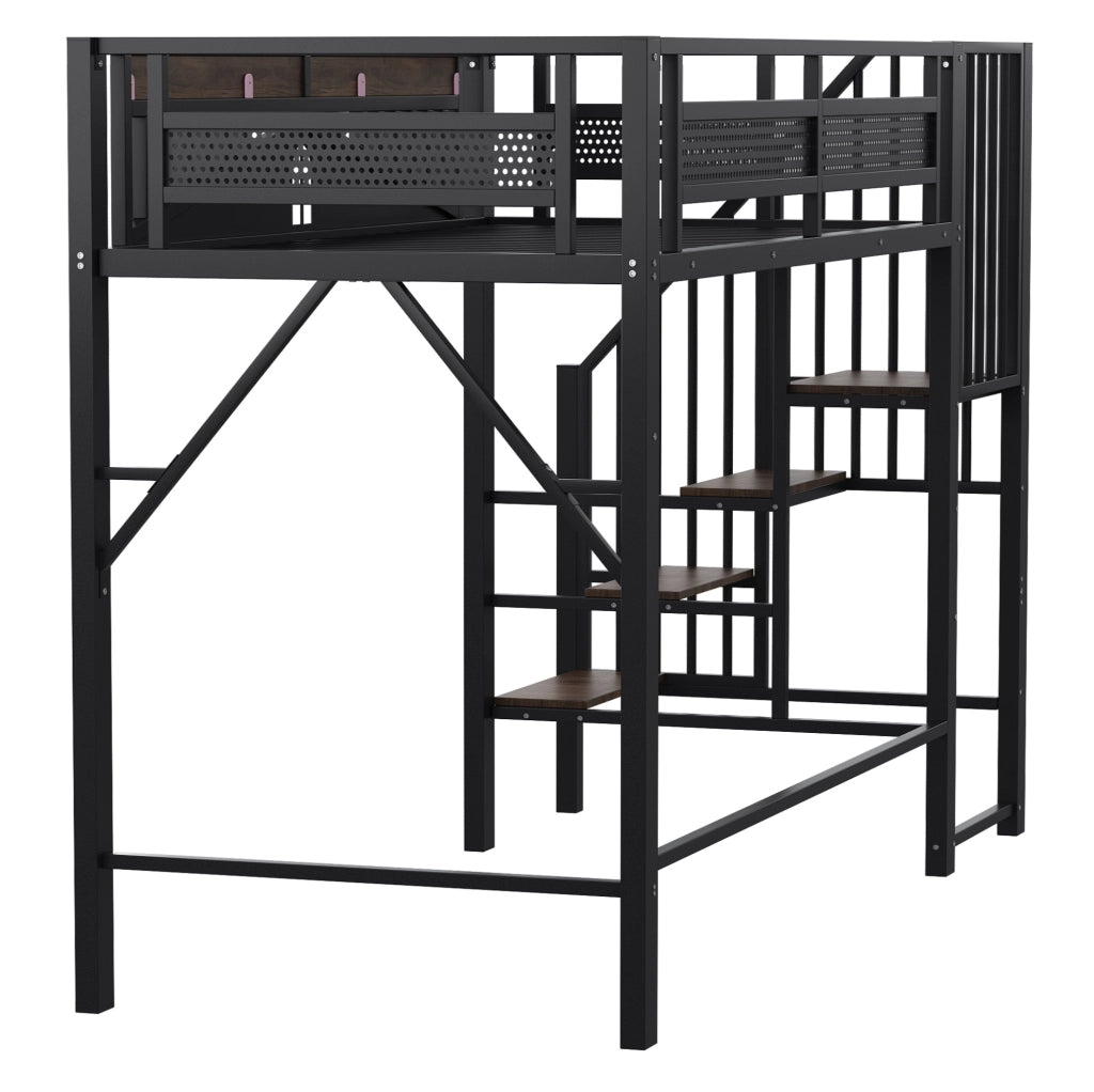 Letto a soppalco 90x200 cm in metallo con scala contenitore e finestra, nero