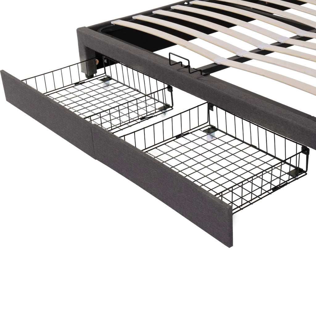 Letto imbottito matrimoniale 160x200 cm con LED; rete a doghe; contenitore; grigio scuro in lino e acciaio