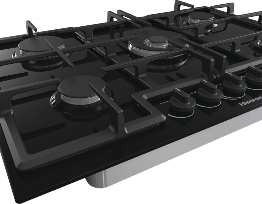 Hisense ged773b piano cottura 75cm, cristallo nero, 5 fuochi, griglie in ghisa