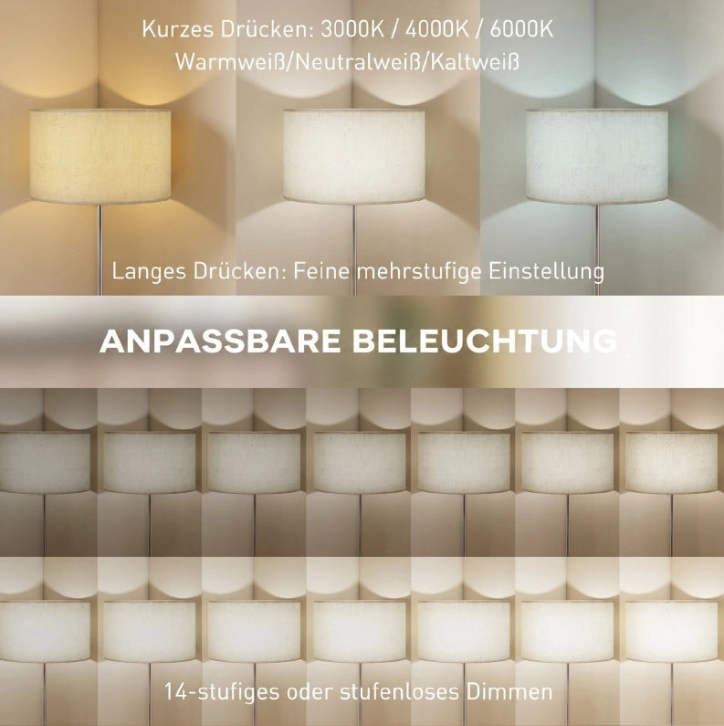 Lampada da terra regolabile con telecomando, paralume in tessuto beige, struttura in metallo, dimmer e interruttore a pedale