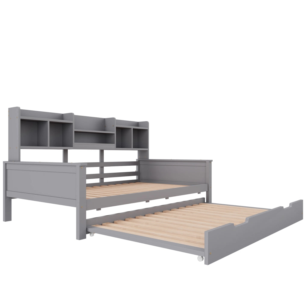 Letto con letto estraibile 90 × 200 cm con secondo letto 90 × 190 cm ripiani posteriori rete a doghe legno grigio
