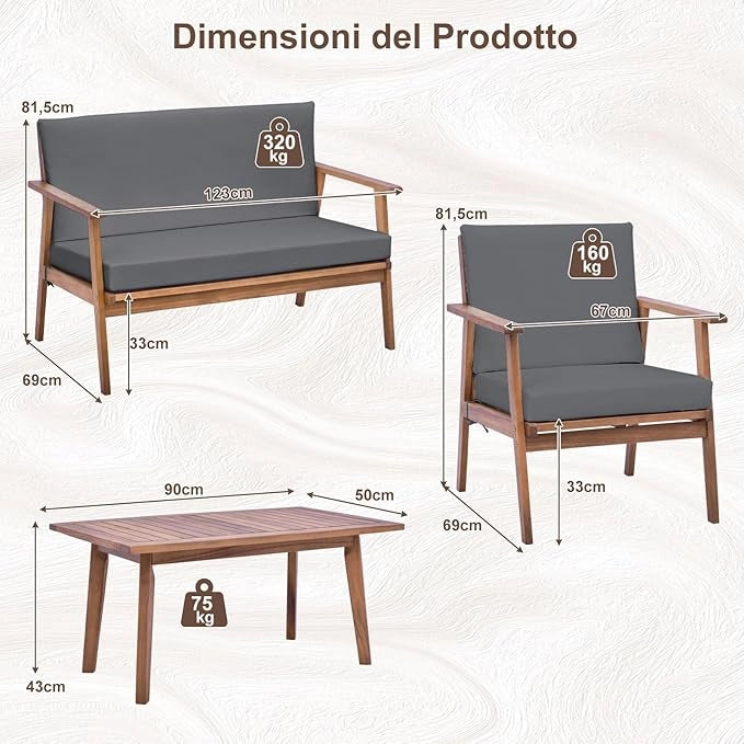 Set di Conversazione da Esterno in 4 Pezzi, Set da Divano in Legno di Acacia con Cuscini Morbidi per Sedile e Schienale, Tavolino da Caffè Rettangolare, per Patio Giardino Piscina (Grigio)