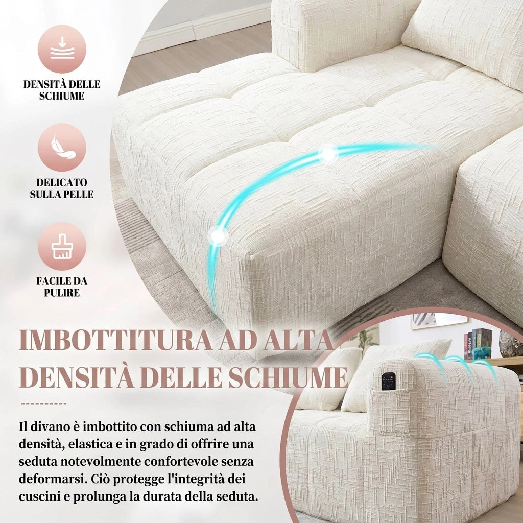 Divano 3 posti con penisola in ciniglia beige; 250 cm; senza montaggio; con tasche laterali e 3 cuscini