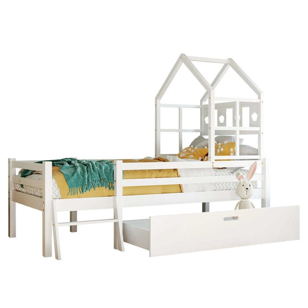 Letto a Soppalco Bambini in Legno Massello con Scala e Cassetti ¨C Xylo ¨C Bianco 90x200