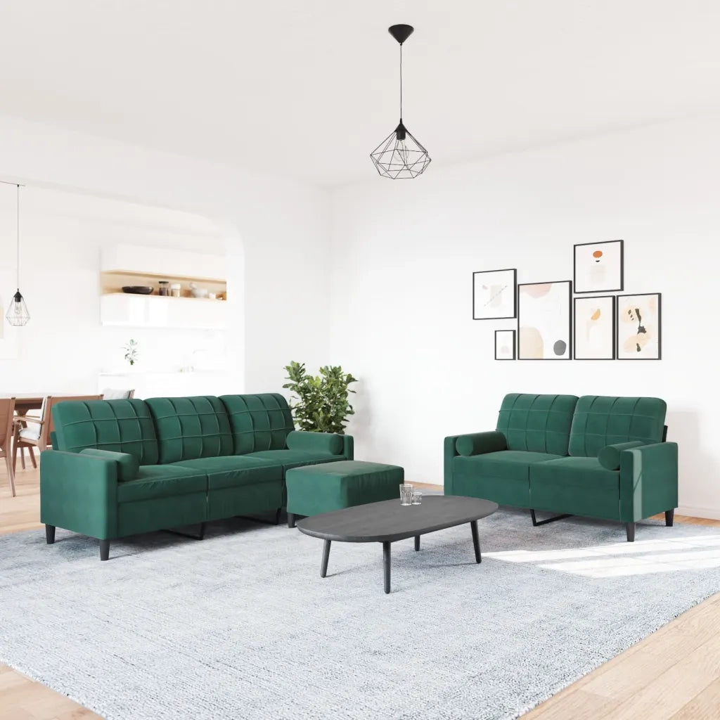 Set di Divani 3 pz con Cuscini e Rinforzi Verde scuro Velluto