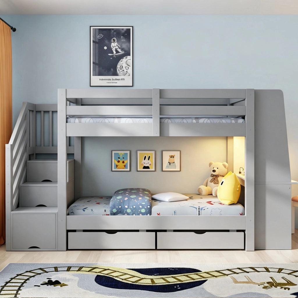 Letto a castello 90x200 cm con scrivania; libreria; scala contenitore; LED e cassetti; grigio