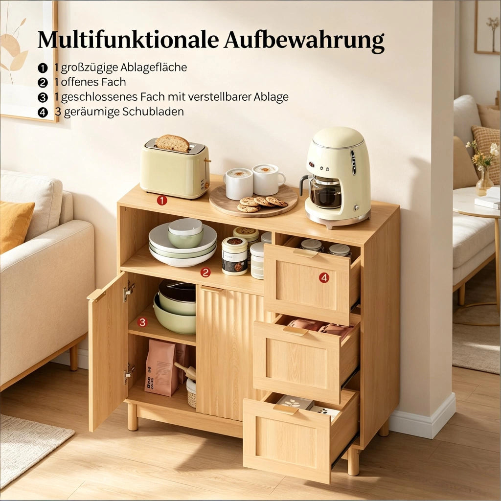 Credenza da cucina con vano aperto tre cassetti e ripiani regolabili in MDF e truciolato effetto legno 90 × 35 × 80 cm