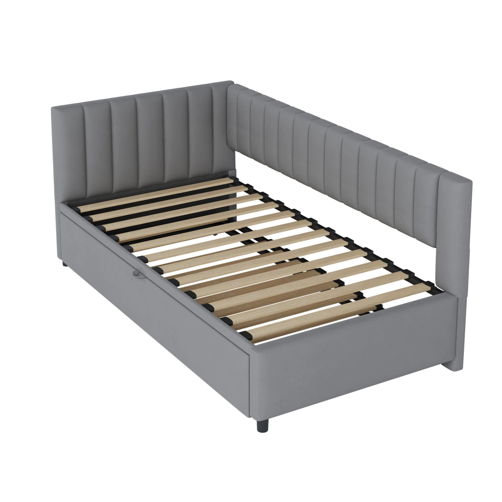 Divano letto 90 × 200 cm con letto estraibile a L rivestito in velluto grigio con schienale e testiera