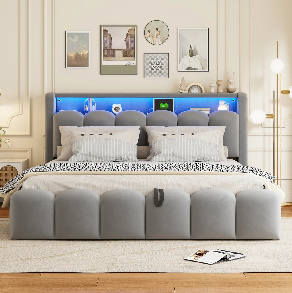 Letto matrimoniale imbottito 180x200 cm in velluto grigio con contenitore; LED e USB/Type-C