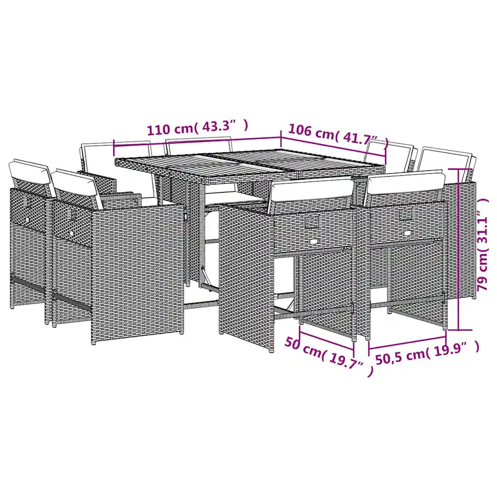 Set da Pranzo da Giardino 9 pz con Cuscini in Polyrattan Grigio 3211202