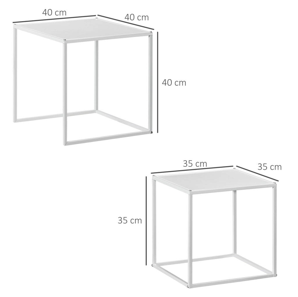 Set di 2 Tavolini Quadrati da Salotto con Struttura in Acciaio, Moderni, Bianchi, Dimensioni 40x40x40 cm e 35x35x35 cm