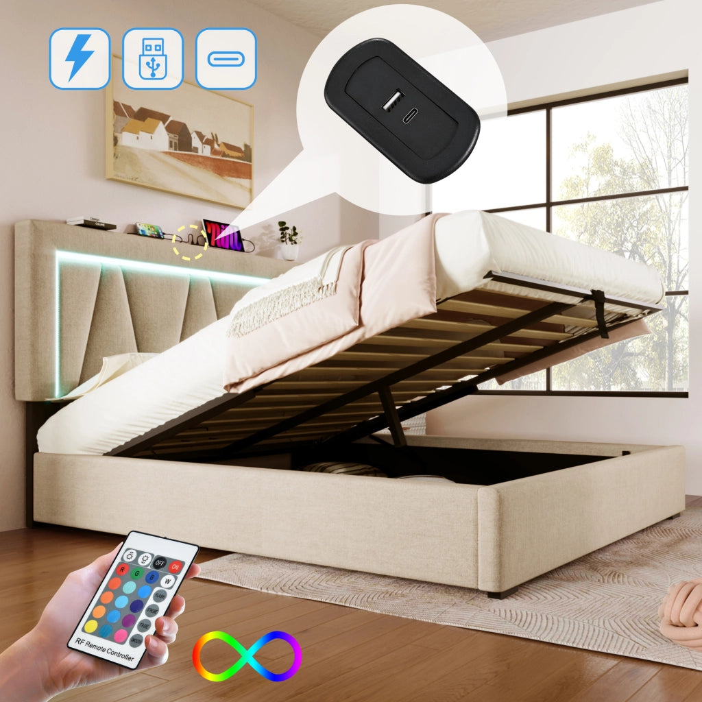 Letto imbottito con USB-C, LED e contenitore, 140x200 cm, lino