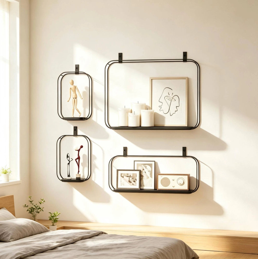 Set di 4 mensole da parete industriali in metallo nero con ripiani in MDF, varie dimensioni per soggiorno e ufficio