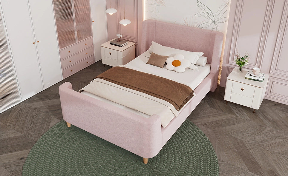 Letto Singolo per Bambini 90x200 cm in Velluto Rosa con Struttura a Slitta e Motivo Cosmico