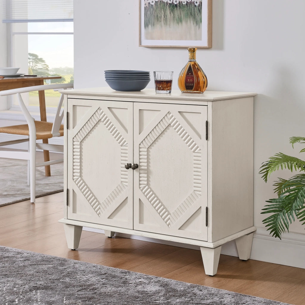 Mobiletto Retro in Legno 85,4 cm con Vetrine Simmetriche e Accenti Geometrici, Consolle Media per Soggiorno/Ingresso/Cucina, Bianco Antico