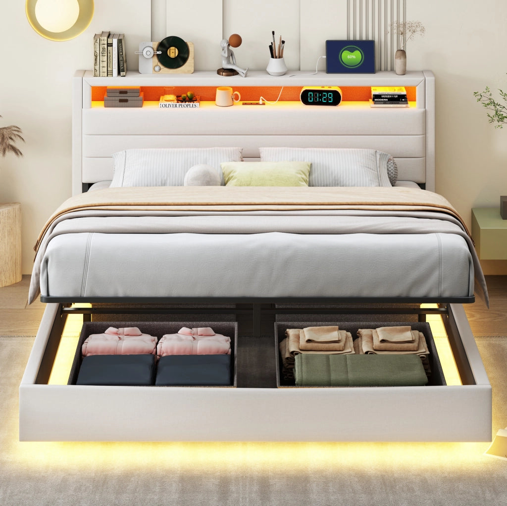 LETTO Imbottito 160x200 cm Beige con USB, LED e contenitore idraulico