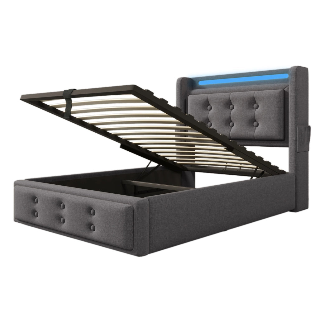 Letto singolo 90x200 cm con testiera imbottita, funzione di ricarica USB-C, struttura in legno e metallo, colore grigio, senza materasso