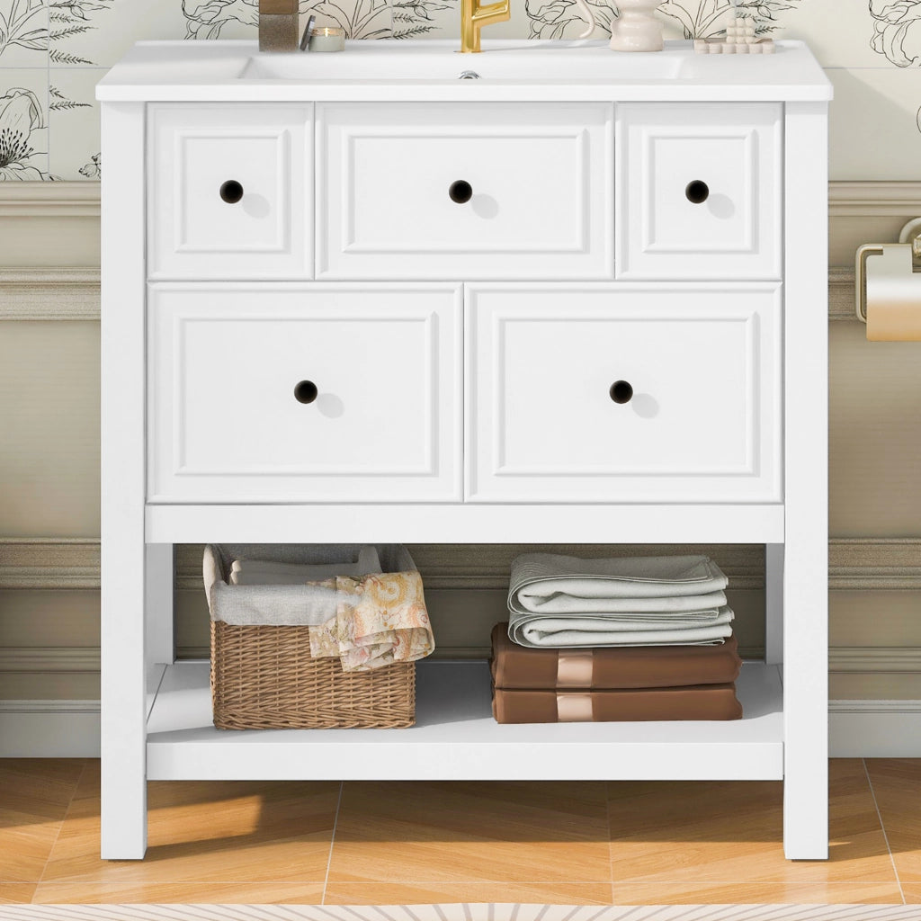 Mobiletto con lavabo a terra in ceramica e MDF con 5 cassetti vani aperti e troppo pieno bianco 76 × 46.5 × 82 cm