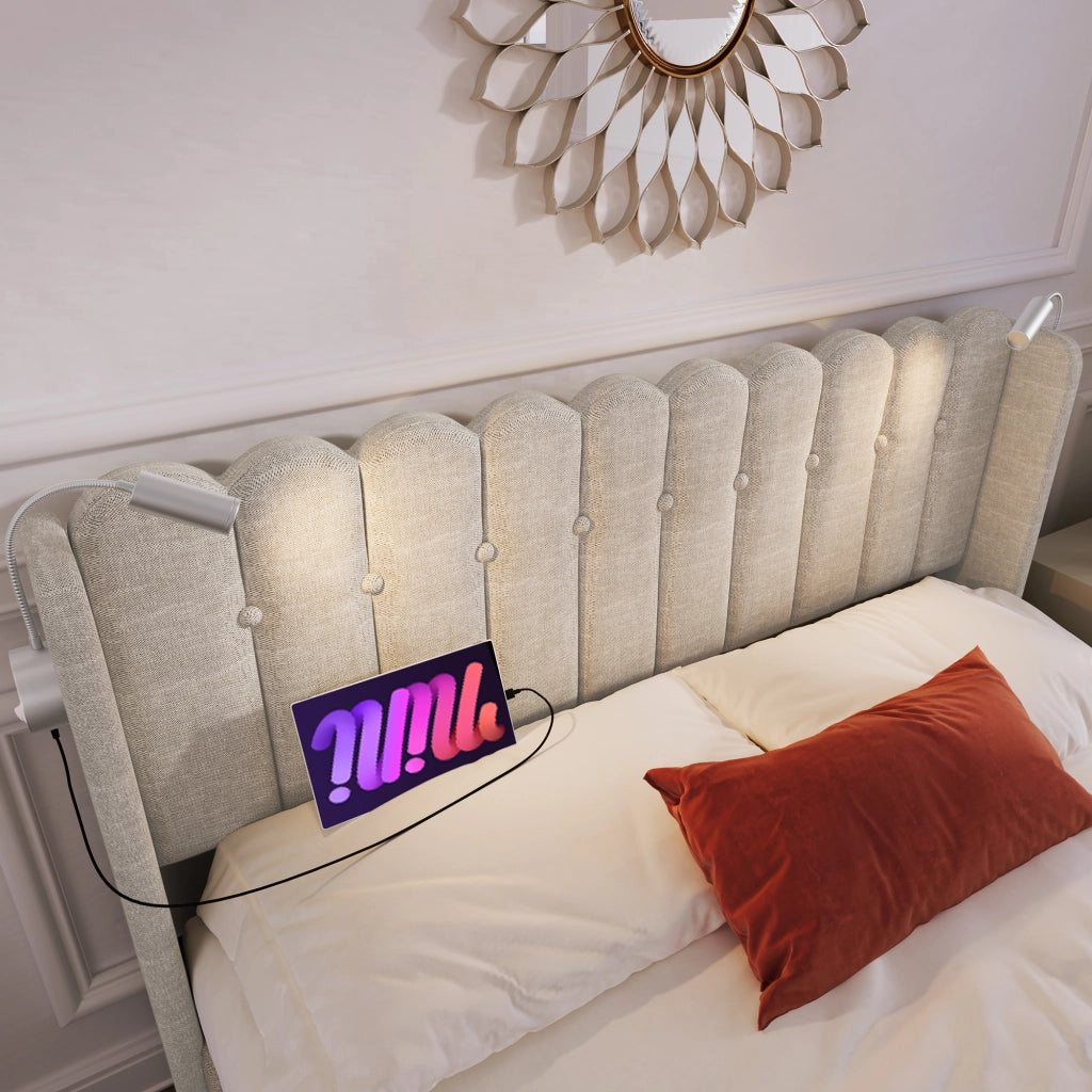 LETTO Contenitore 140x200 cm in lino naturale con luce lettura e USB
