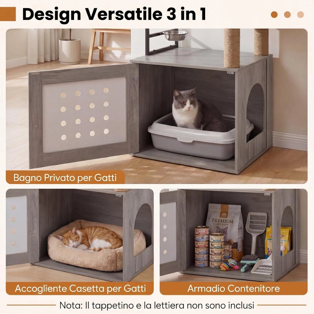 Mobile Lettiera Gatti Multilivello in Legno con Ciotola, Grigio
Albero Tiragraffi per Toilette Nascosta con Cuccia, Piattaforme di Attività, Tiragraffi e Giocattoli, 73 x 43 x 117,5 cm