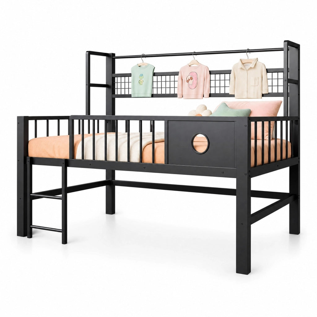 Letto a soppalco basso per bambini 90 × 200 cm in metallo e MDF nero con sponde alte ripiano e barra appendiabiti