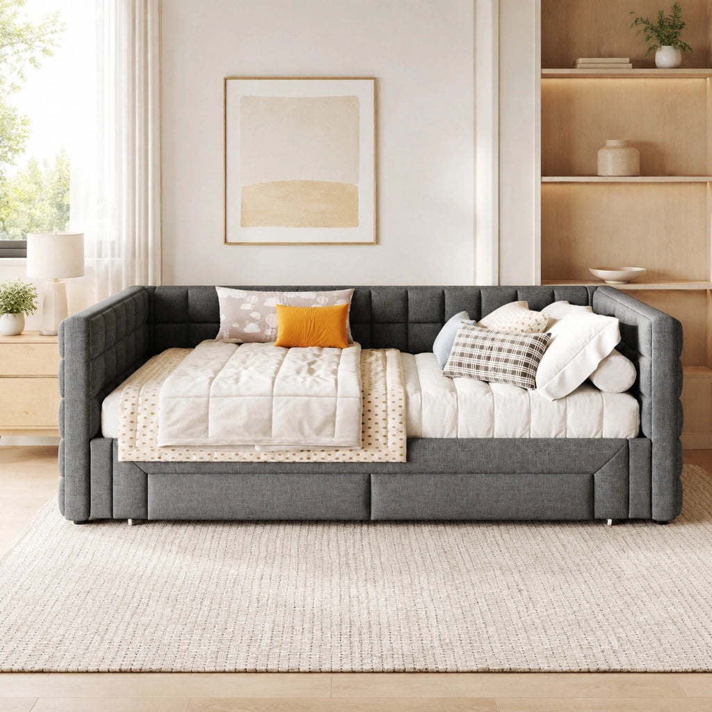 Divano letto 90 × 200 cm estraibile con 2 cassetti rivestito in velluto grigio struttura in MDF