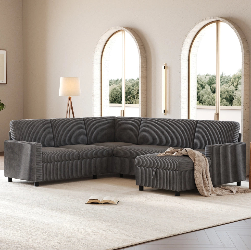 Divano angolare a U con funzione letto; contenitore; corduroy grigio 274x220x85 cm