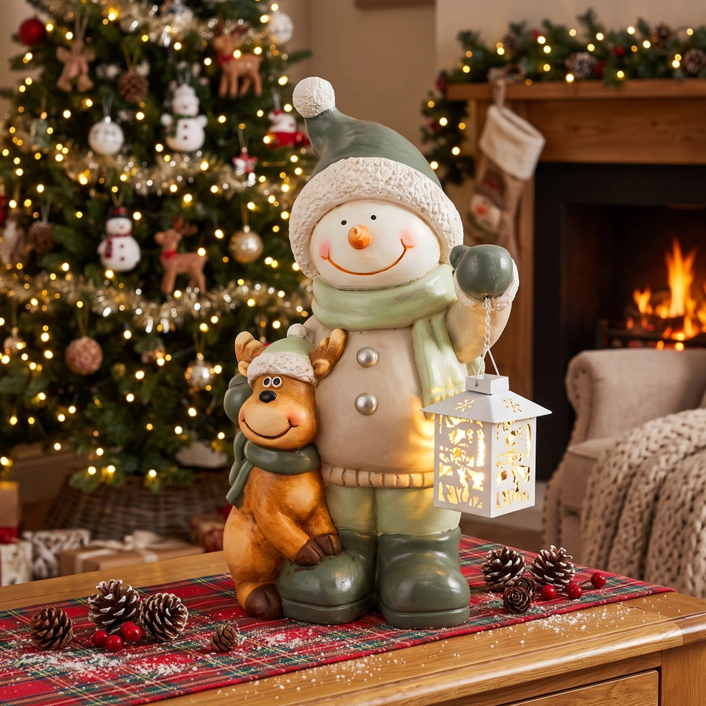 Statua Pupazzo di Neve 43 cm in MGO con Lanterna LED 2800K e Timer per Ingresso e Veranda