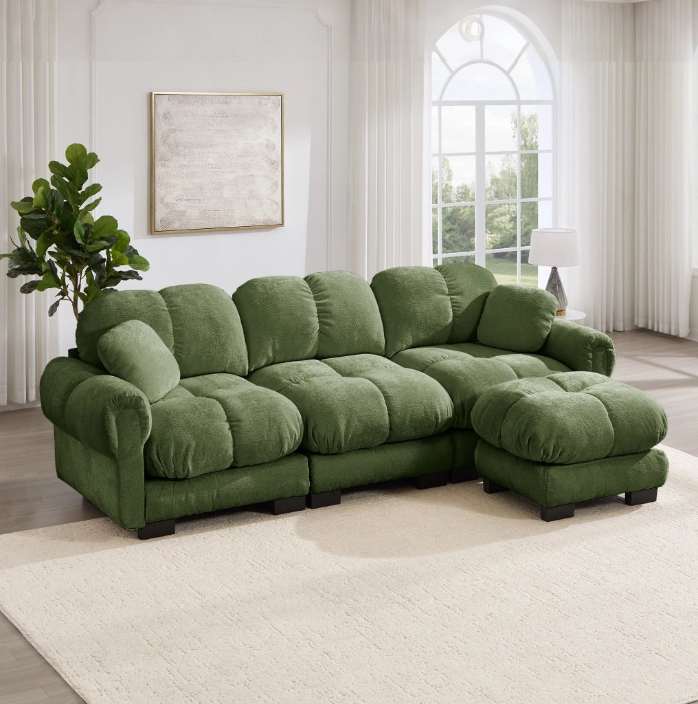 Divano angolare a 3 posti in chenille verde con ottomana mobile e cuscini decorativi