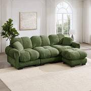 Divano angolare a 3 posti in chenille verde con ottomana mobile e cuscini decorativi