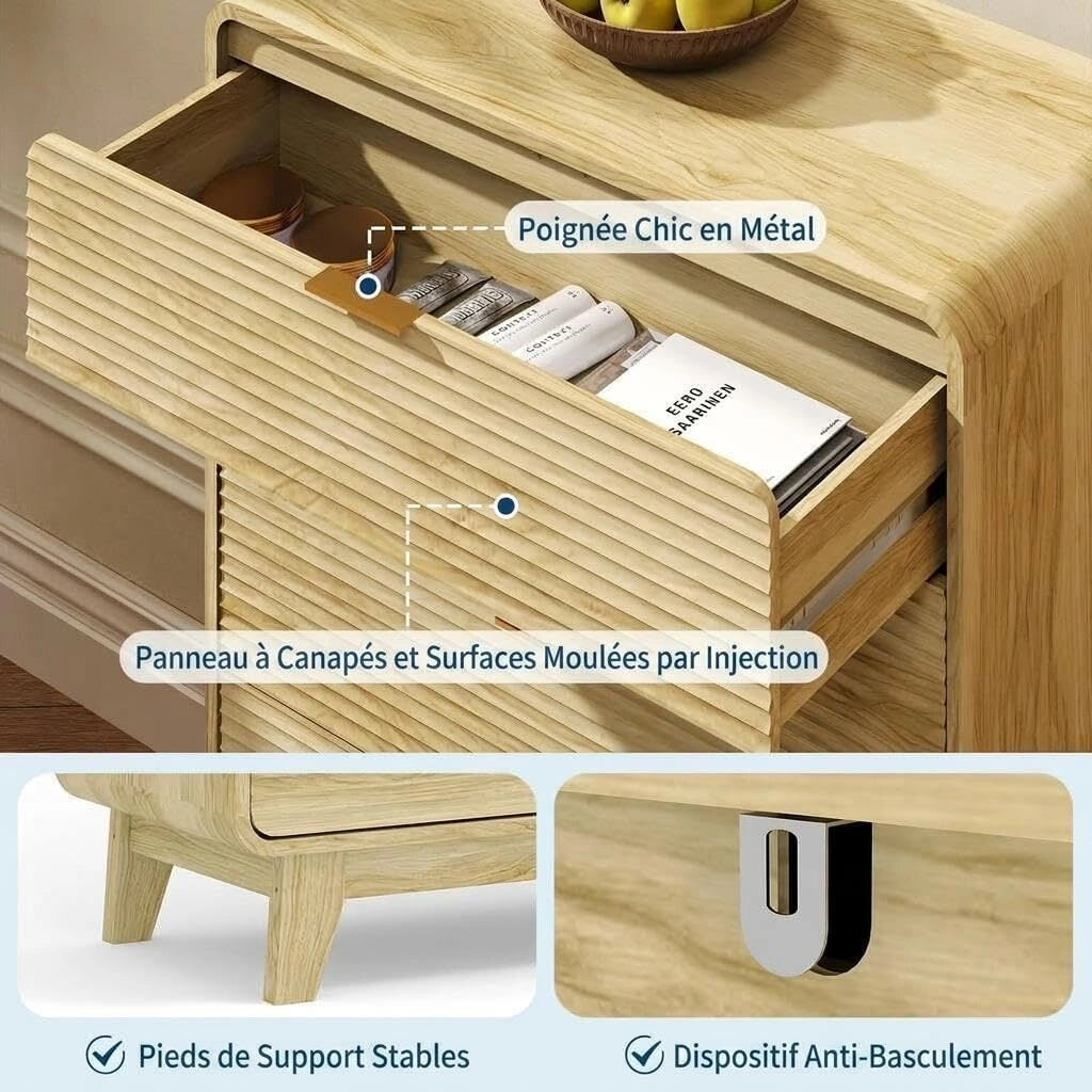 Cassettiera Alta Settimino 5 Cassetti Effetto Rovere Chiaro Scanalato con Maniglie Oro 81x41x117cm