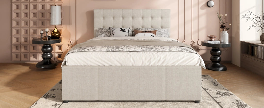 Letto imbottito matrimoniale 140 ¡Á 200 cm estraibile con tre cassetti testiera regolabile beige