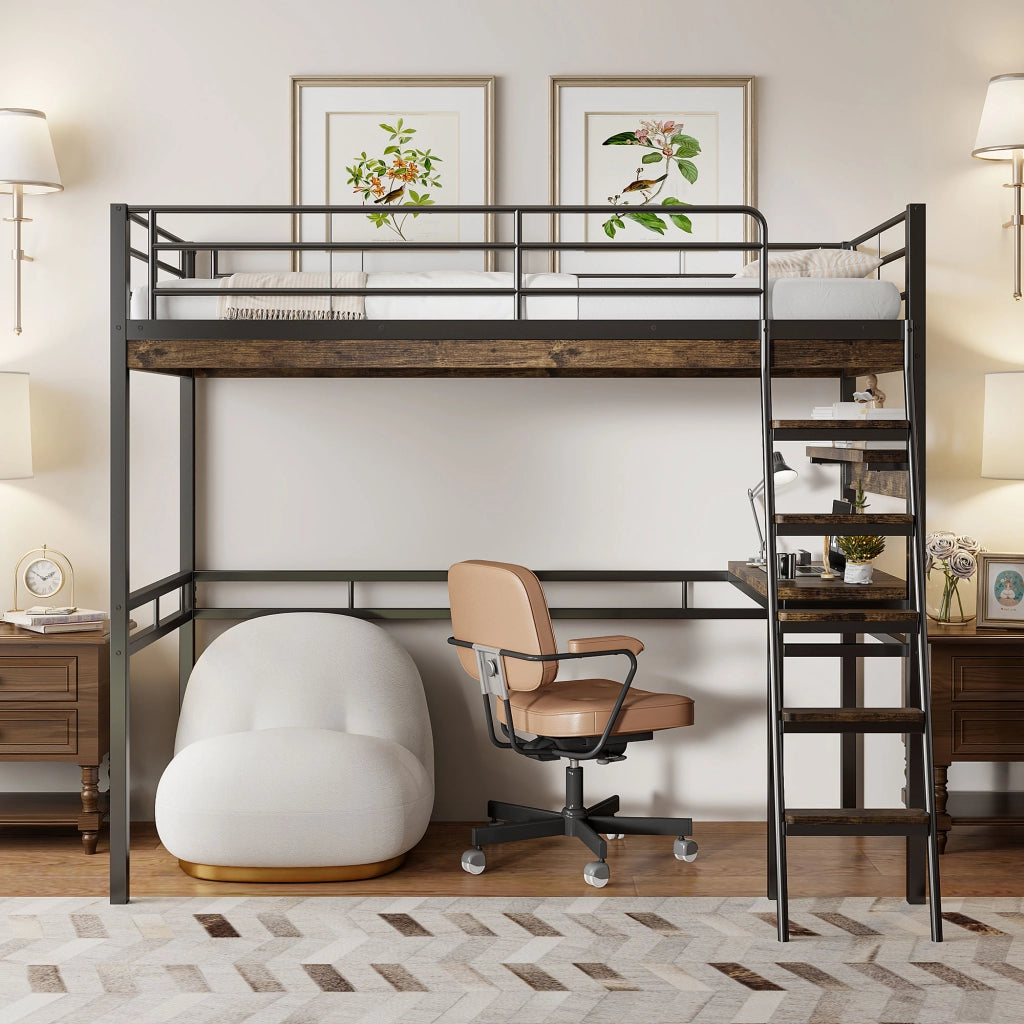 Letto a soppalco 90 × 200 cm con scrivania e scaffali in metallo e MDF nero con scala e sponde