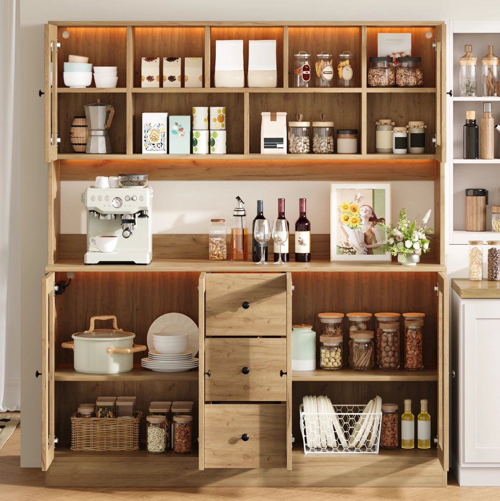 Mobile da cucina 150x40x173 cm con LED RGB, 3 cassetti e prese in MDF naturale