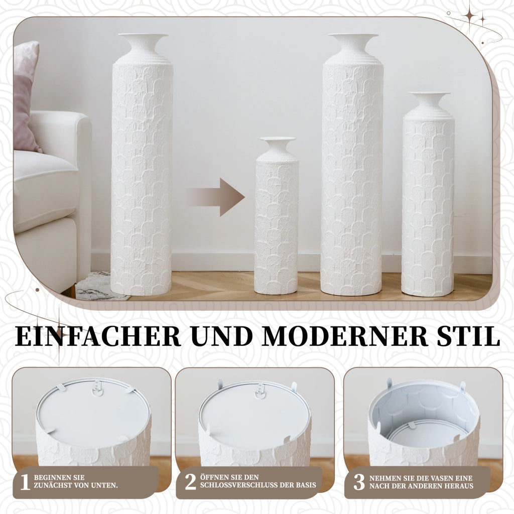 Set di vasi da pavimento con 3 vasi decorativi in metallo bianco per fiori secchi, superficie opaca e testurizzata