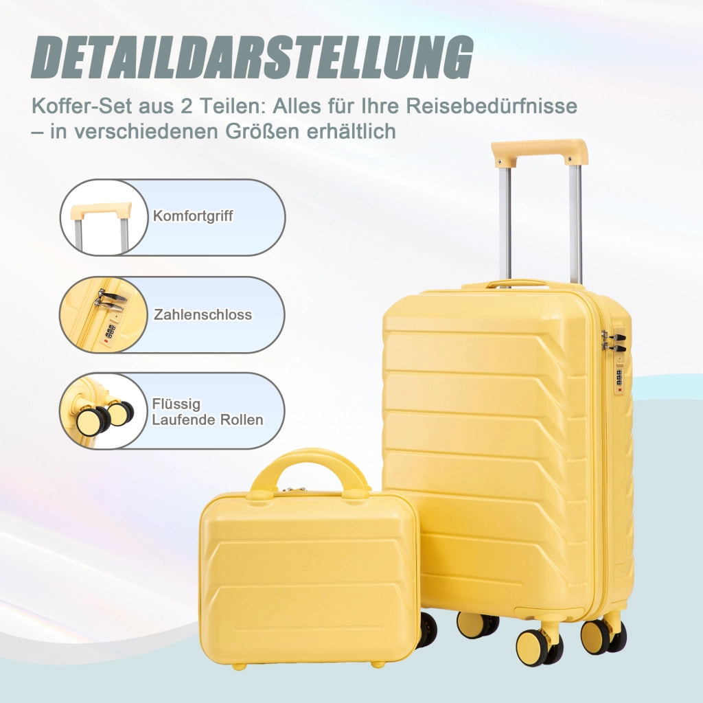 Set di valigie rigide 2 pezzi in ABS giallo con trolley da 19 pollici e beauty case rimovibile da 14 pollici